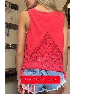 Red floral lace back shirt